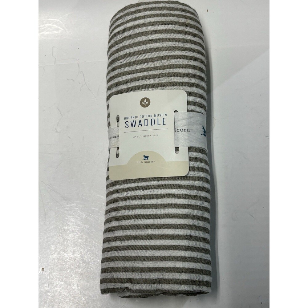 Little Unicorn Organic Cotton Muslin Swaddle Blanket Gray White Stripe 47x47 NWT